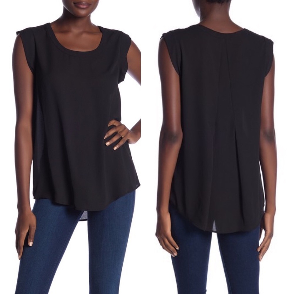 Office Siren Minimalist Black V Neck Cap Sleeve Blouse Anthropologie Pleione S